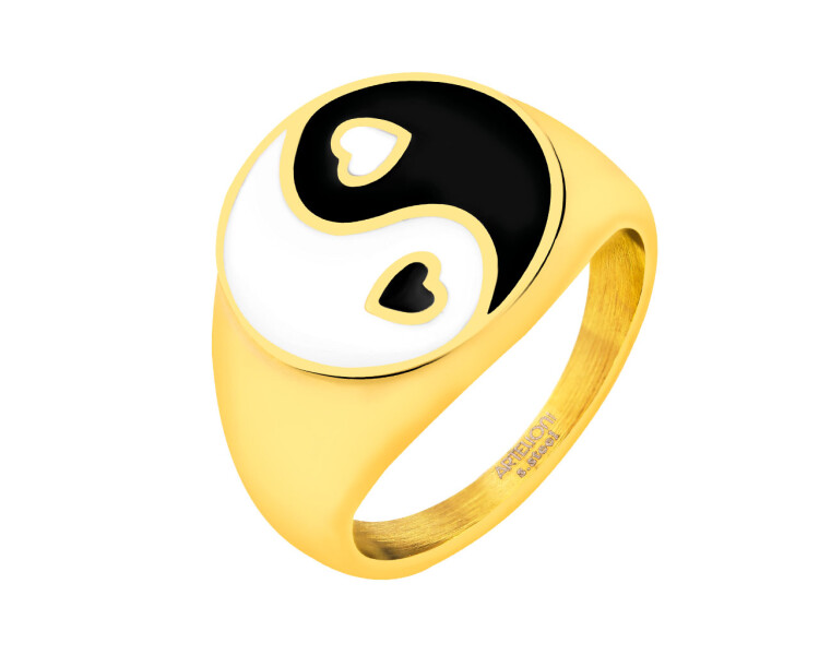 Pečetní prsten z ušlechtilé oceli a křišťálovou pryskyřicí - yin yang, srdce