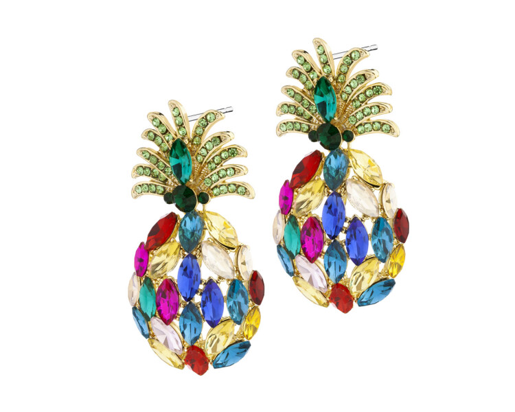 Gold-Plated Brass, Silver Earrings with Glass