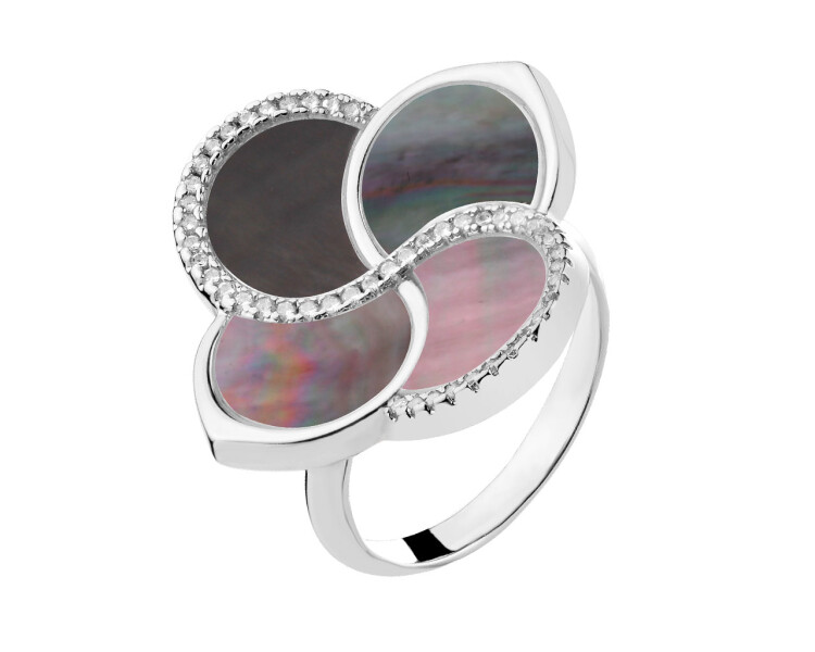 Rhodiovaný prsten z mosazi s perletí a zirkony