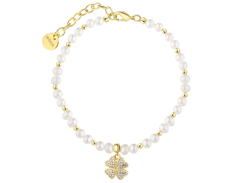 Pozlacený náramek z mosazi s perlami a zirkony - čtyřlístek