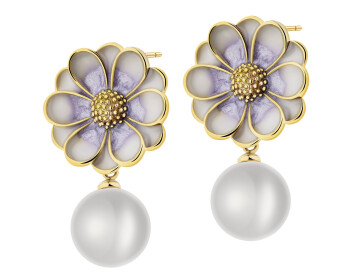 Pozlacené náušnice z mosazi s detaily z křišťálové pryskyřice a perlami - květy
