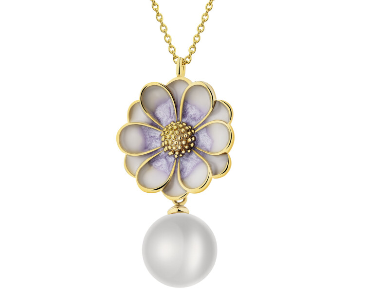 Pozlacený náhrdelník z mosazi s detaily z křišťálové pryskyřice a perlou - květ