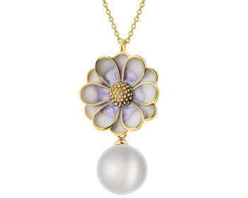 Pozlacený náhrdelník z mosazi s detaily z křišťálové pryskyřice a perlou - květ