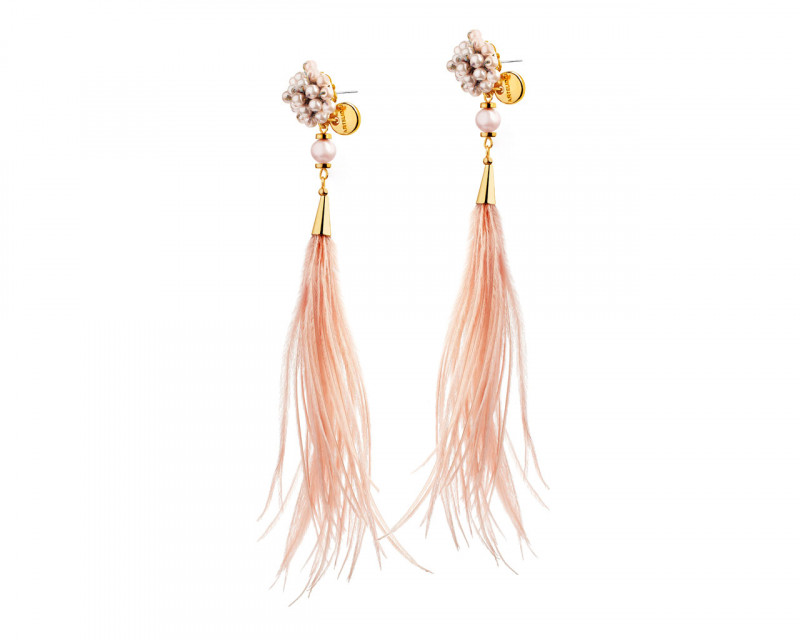 Gold-Plated Brass Earrings with Glass & Genuine Feather