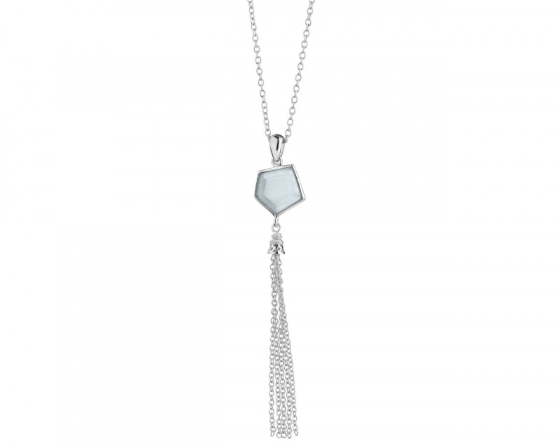 Rhodium-Plated Brass Necklace with Cat's Eye Effect Gemstone