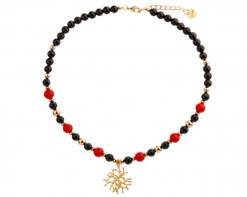 Gold Plated Brass Necklace with Agate & Glass Beads