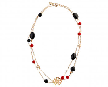 Gold Plated Brass Necklace with Agate & Glass Beads