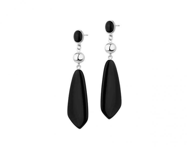 Rhodium-Plated Brass, Rhodium-Plated Silver Earrings with Agate