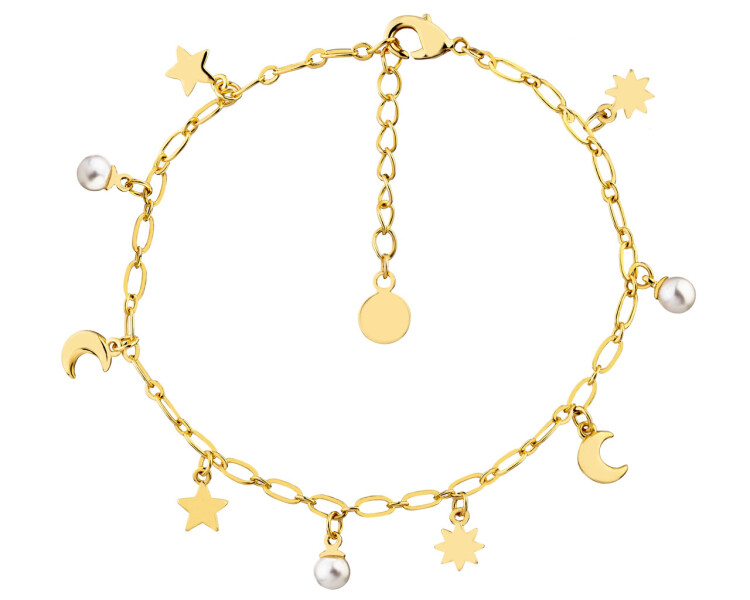 Pozlacený náramek z mosazi s perlami - Měsíc, hvězdy, slunce
