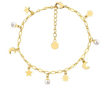 Pozlacený náramek z mosazi s perlami - Měsíc, hvězdy, slunce