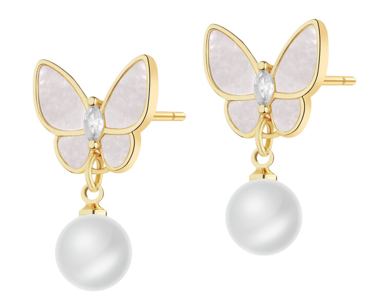 Pozlacené náušnice z mosazi s perletí, perlami a skleněnými detaily - motýlek