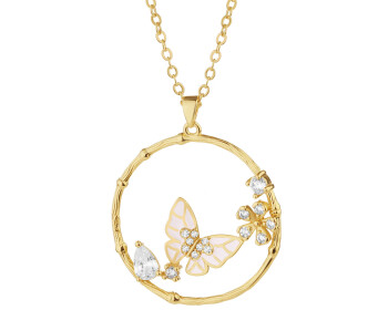 Pozlacený náhrdelník z mosazi se zirkony a smaltem - motýl, květy