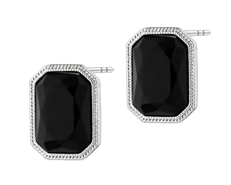 Rhodium-Plated Brass, Rhodium-Plated Silver Earrings with Agate