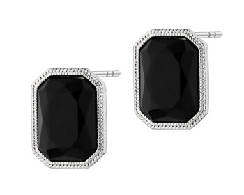 Rhodium-Plated Brass, Rhodium-Plated Silver Earrings with Agate