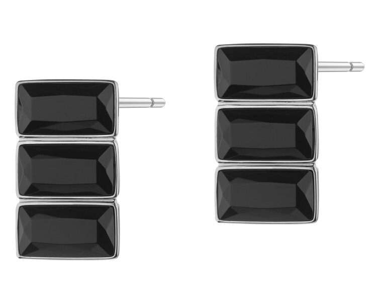Rhodium-Plated Brass, Rhodium-Plated Silver Earrings with Agate