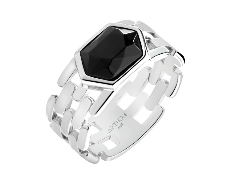 Rhodium-Plated Brass Ring with Agate