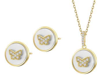 Pozlacené náušnice a náhrdelník z mosazi  se zirkony a perletí - souprava - motýli