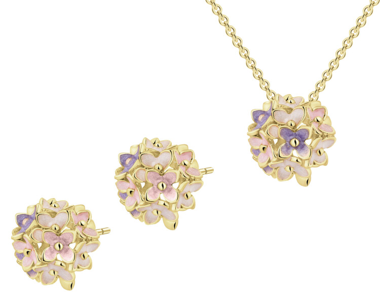 Náušnice a náhrdelník z pozlacené mosazi s prvky z pryskyřičné hmoty – souprava – květy