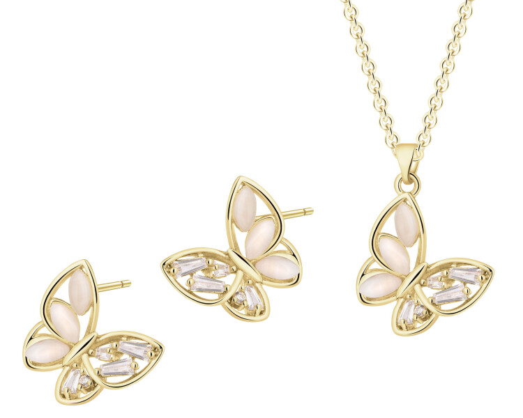 Pozlacené náušnice a náhrdelník z mosazi se zirkony a kočičím okem - motýli
