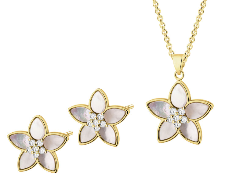Náušnice a náhrdelník z pozlacené mosazi se zirkony a perletí – souprava – květiny