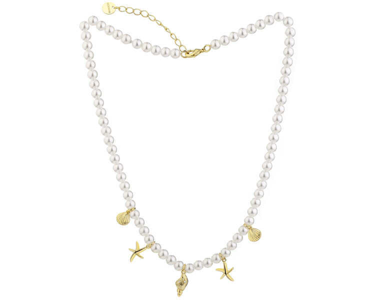 Náhrdelník z pozlacené mosazi se zirkony a perlami - mušle, hvězdice
