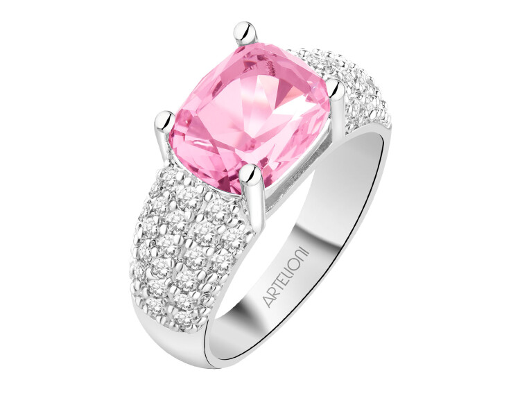 Rhodiovaný prsten z mosazi se zirkony a skleněným detailem