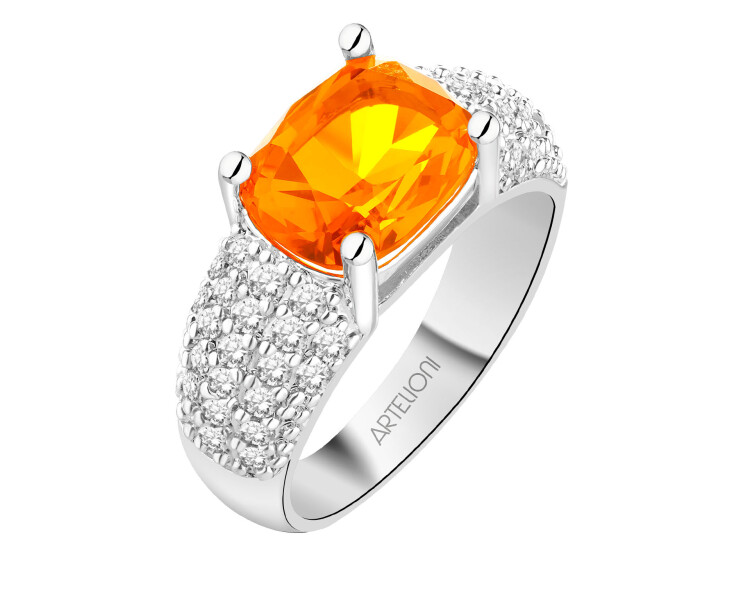 Prsten z mosazi rhodiovaný se zirkony a skleněným detailem