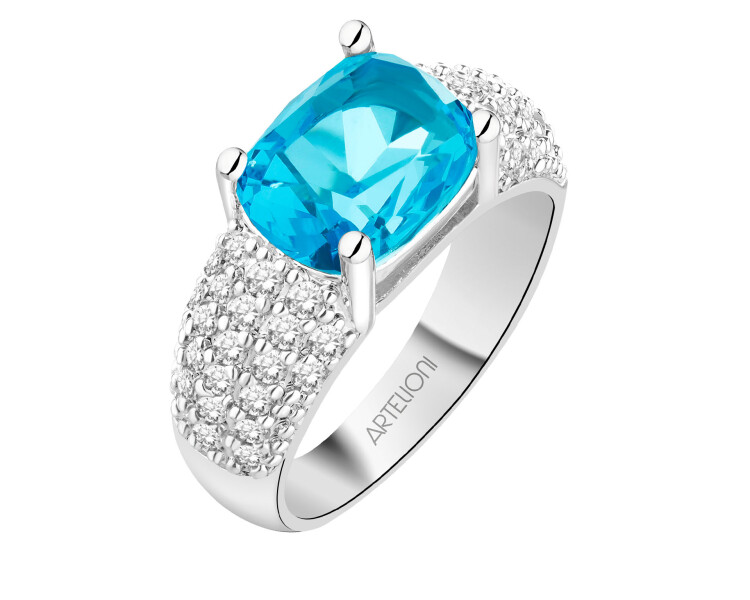 Prsten z mosazi rhodiovaný se zirkony a skleněným detailem