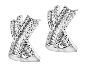 Rhodium-Plated Brass, Rhodium-Plated Silver Earrings with Cubic Zirconia