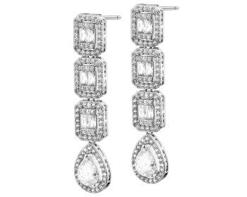 Rhodium-Plated Brass, Rhodium-Plated Silver Dangling Earring with Cubic Zirconia