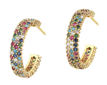 Gold-Plated Brass, Gold-Plated Silver Hoop Earring with Cubic Zirconia